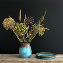 Load image into Gallery viewer, Turquoise and bronze pot with carving