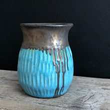 Load image into Gallery viewer, Turquoise and bronze pot with carving