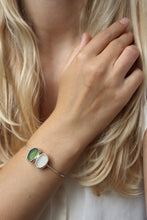 Load image into Gallery viewer, Green and white sea glass and silver cuff bangle
