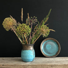 Load image into Gallery viewer, Turquoise and bronze pot with carving