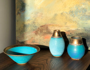 Small blue and bronze pot
