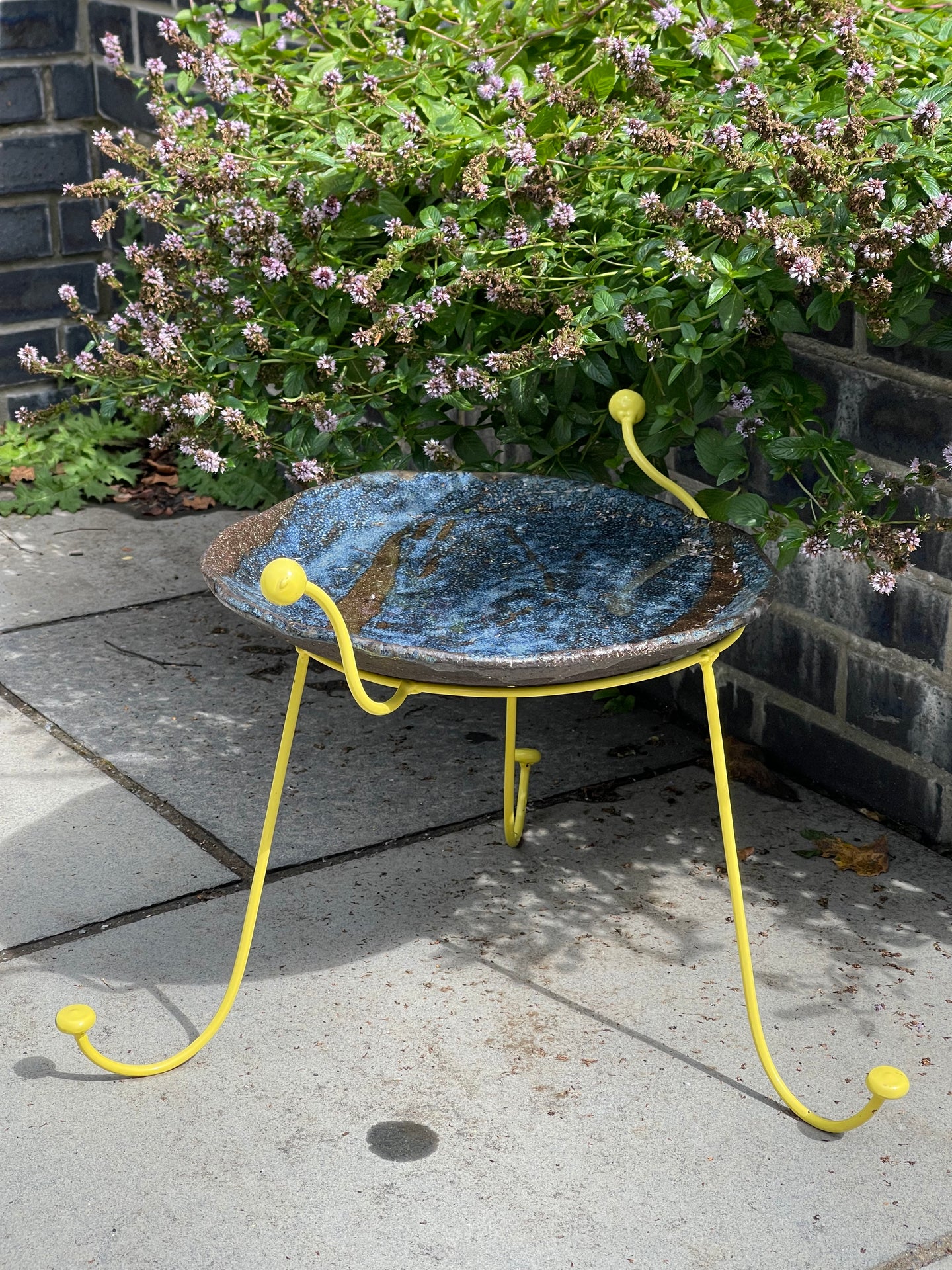 Large and Low, Flat Blue Platter with Yellow Metal Frame