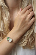 Load image into Gallery viewer, Green and white sea glass and silver cuff bangle
