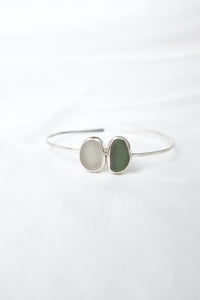 Green and white sea glass and silver cuff bangle