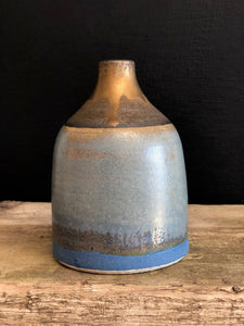 Stoneware bottle with cobalt and bronze glazes