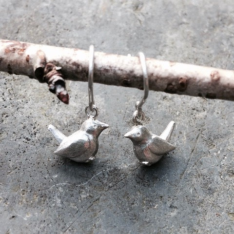 Bird silver drop earrings made with Eco Silver