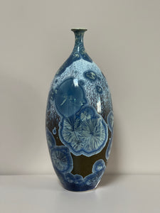 Tall Blue and Olive Crystalline Vase