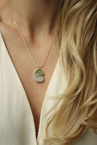 Green and white sea glass and silver necklace