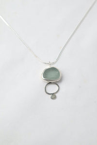 Blue sea glass and silver pebble necklace