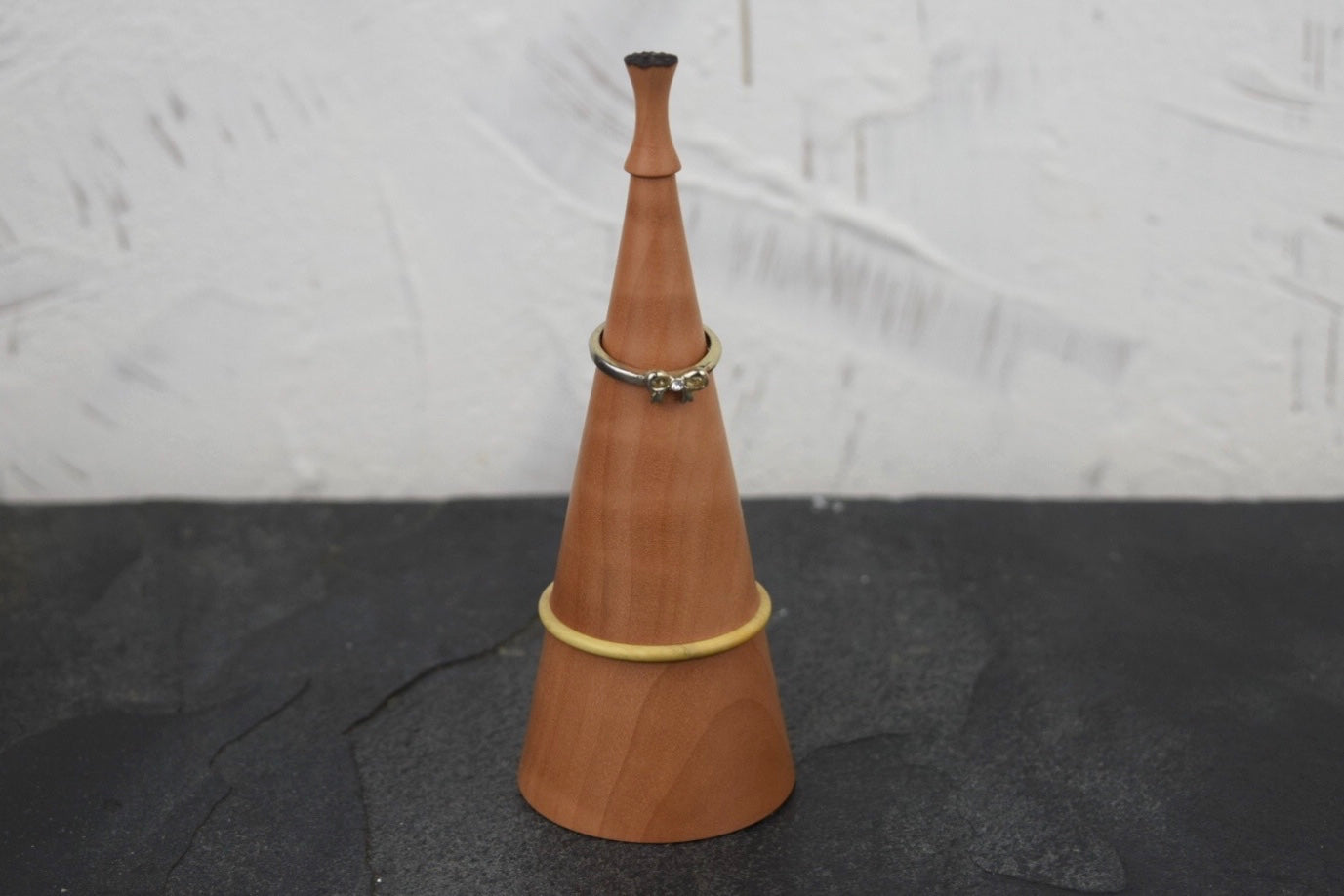 Pear wood ring box with boxwood collar