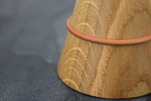 Oak ring box with pear wood collar