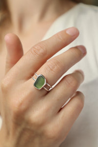 Green double band sea glass and silver ring